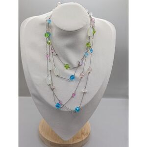 Vintage Multi-Colored Glass and Crystal Beaded Necklace on a Silver Tone Chain